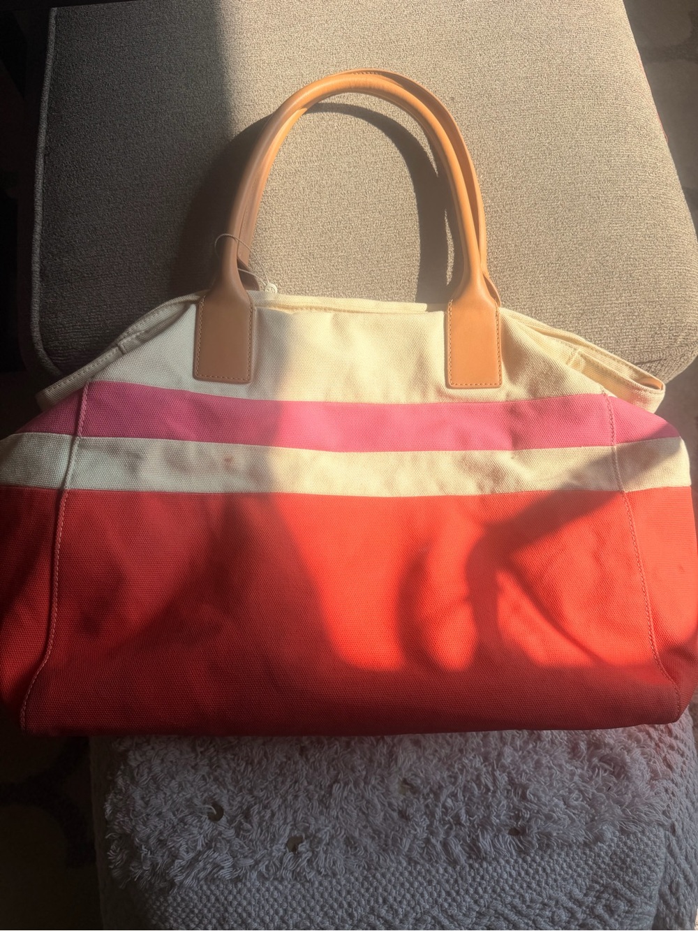 Tory Burch Dipped Beach Tote Natural Poppy Red Fiesta Canvas Leather Bag - Picture 4 of 13